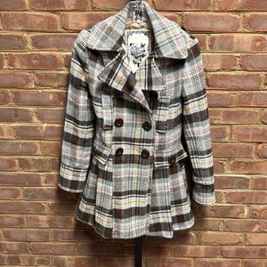Forever Audrey Plaid Wool Blend Double Breasted Coat Size XS